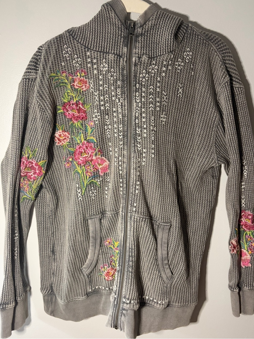 Sundance Gray embroidered waffle knit Hoodie with Pink Floral Embroidery